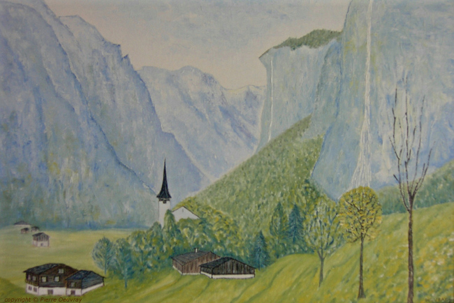Lauterbrunnen. Swiss Landscape. The valley of the 7 cascades. Oil Painting on Canvas.