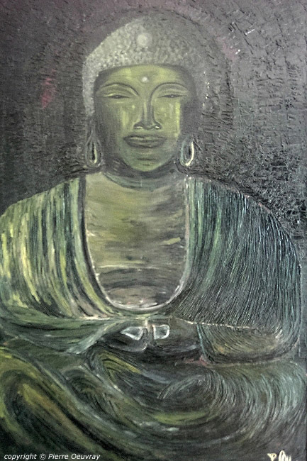 Buddha, Bodisatva, Oil Painting, with Fingers and Knife, Pierre Oeuvray, Swiss artist, Geneva